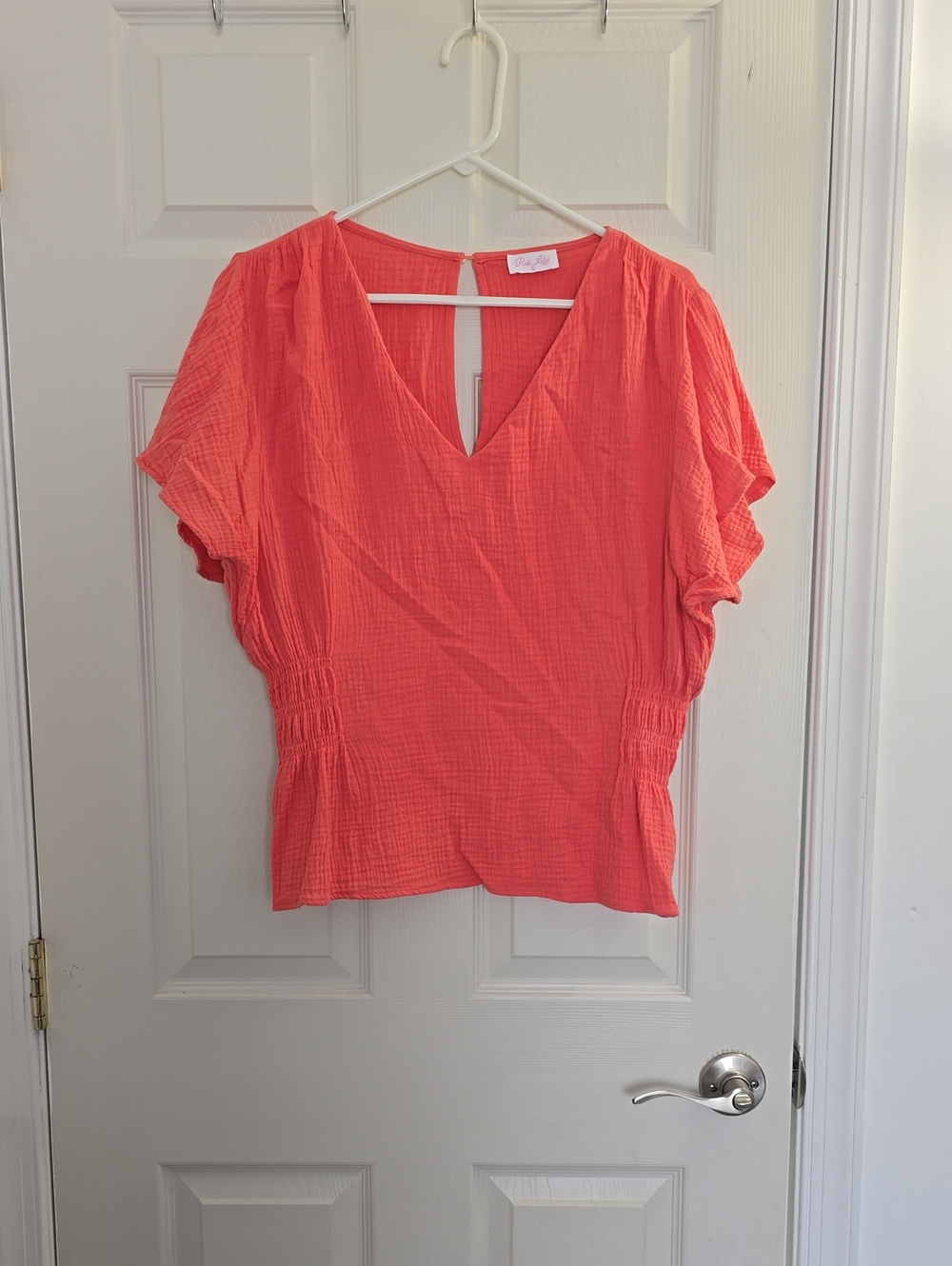 Pink Lily Coral V-Neck Flutter Sleeve Blouse